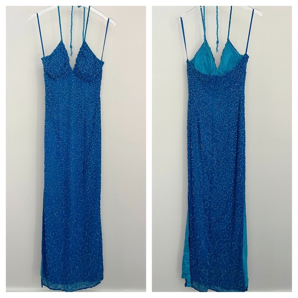 Scala Turquoise Blue Beaded Halter Neck Double Split Formal Gown - Picture 6 of 16